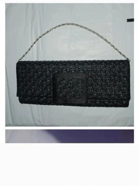 Black Woven Clutch with Chain Strap and Decorative Buckle